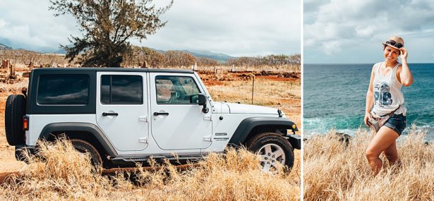 The Jeep Wrangler we rented for the vacation, and Brittany posing in tall grass with the sea in the background on Kauai Hawaii