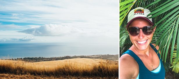 left, scenic overlook on the way up to a hike starting point in Kauai, Hawaii, and right a selfie of Brittany in Hawaii before leaving for the hike wearing her Alaska snap back