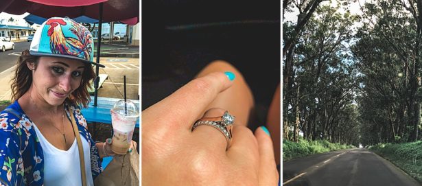 Admiring my new engagement ring, sporting a chicken cock hat while shopping, and a canopy of trees over the road on our drive