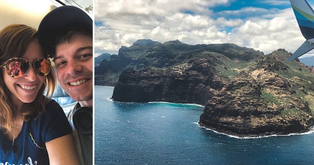 John and I excited to be landing on the scenic island of Kauai in Hawaii