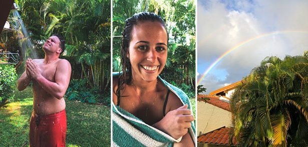 After our catamaran we were able to rinse off at the outside shower with a rainbow in the sky