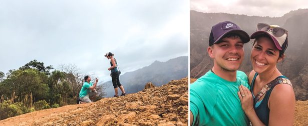 John one knee proposing marriage on a ledge on the hike to Waipo'o Falls and right is a selfie of John and Brittany right after getting engaged in Kauai Hawaii