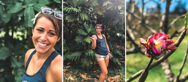Closeup of Brittany smiling with island flower in hair, middle is Brittany doing the hang loose sign with foliage in the background, and right is a closeup of a beautiful pink and yellow Hawaii flower